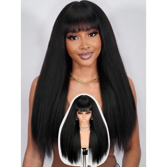 Yaki Straight Human Hair Wigs with Bangs 180% Density 2x4 Lace Front Wigs with Bangs Wear and Go Glueless Wigs Closure Wigs with Bangs 100% Brazilian Virgin Human Hair Wigs for Women 18 Inch