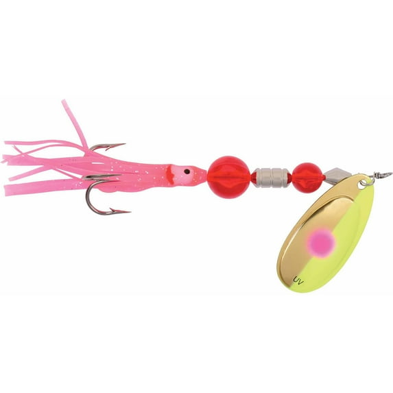 Yakima Bait Worden's Flash Glo 4-3/4" Squid Spinners Trolling Fishing Lure, Brass Chartreuse Cerise Dot