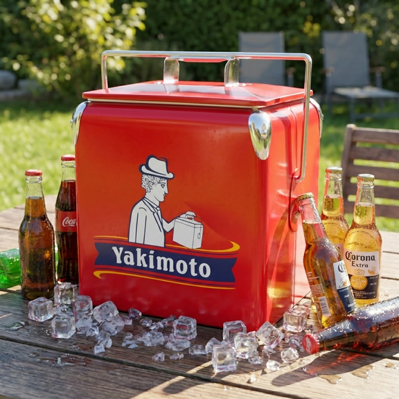 Yakimoto 14-Quart Vintage Metal Beverage Cooler with heavy-duty handle and secure locking lid for keeping drinks cold during outdoor tailgating