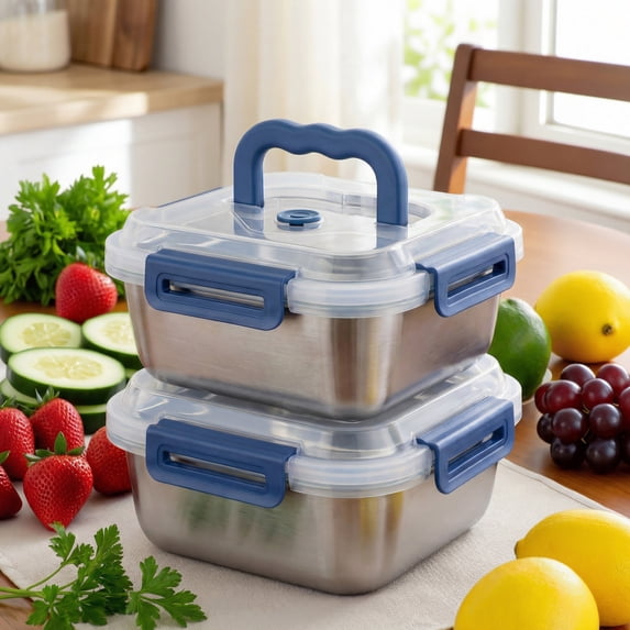 Yakimoto 2-Pack Extra-Large Stainless Steel Food Storage Containers with Blue Airtight Lids and Carry Handle, Deep Meal Prep Bento Box for Kitchen Pantry, Silver