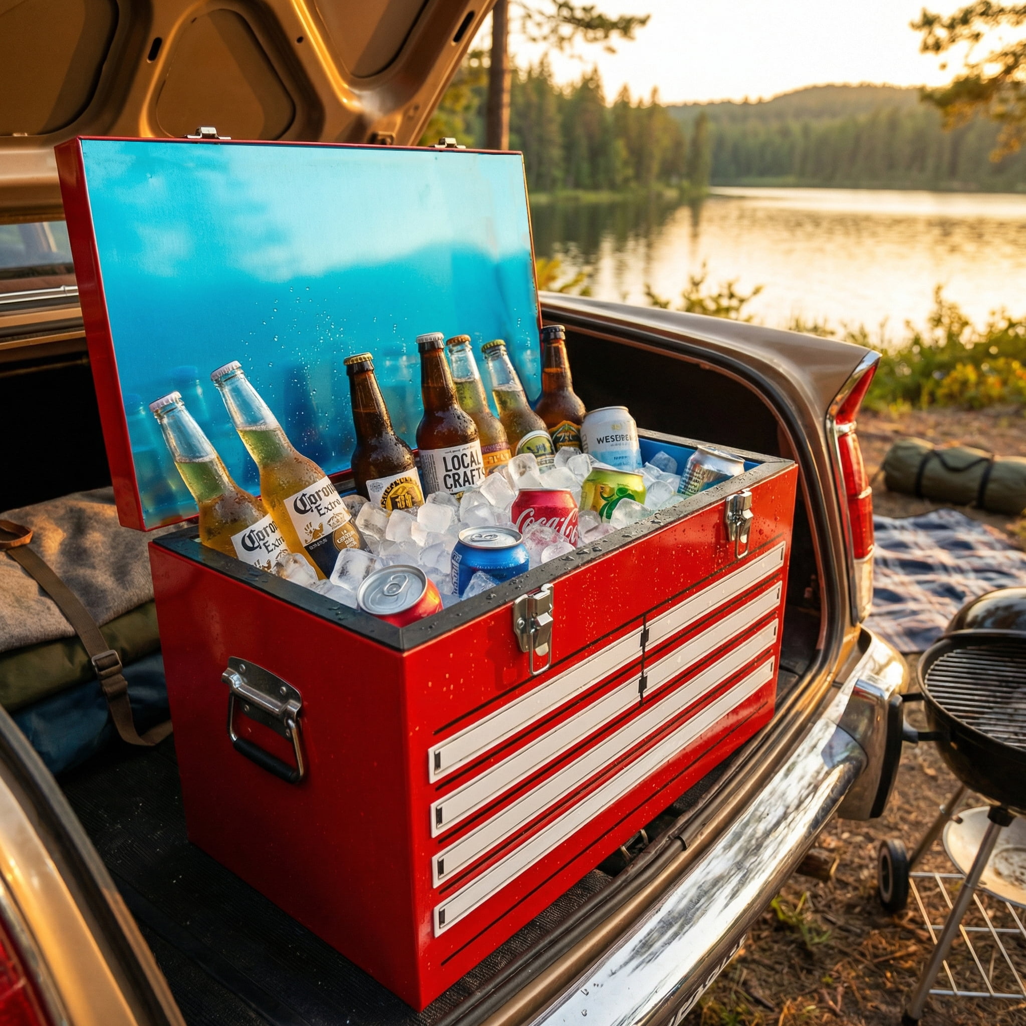 Yakimoto Nostalgia Series 21 Qt. Retro Metal Cooler, Portable Industrial Toolbox Ice Chest for Camping, Tailgating, and Picnics, Red