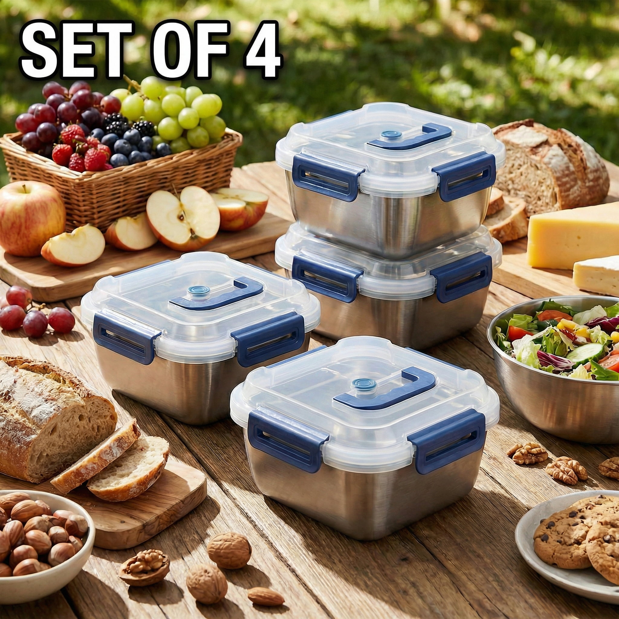 Yakimoto Stainless Steel Food Storage Container Set with Blue Airtight Lids, Silver, 1800ml 60oz, Set of 4