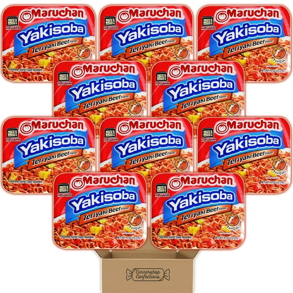 Yakisoba Noodle Teriyaki Beef Flavor - 10 Tray Bulk Pack - Each Tray 4 oz - Microwavable and On-The-Go For Work and School Lunch Meals, Midnight Munchies and More in Cornershop Confections Pack