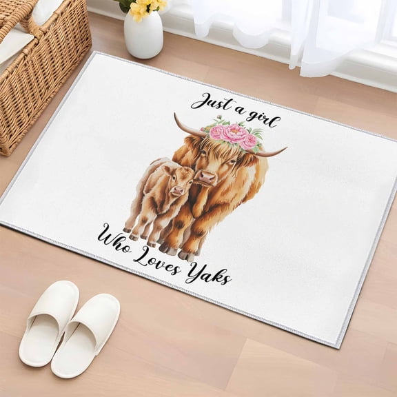 Yaks Bathroom Rug Washable 2x3 Entryway Rug Non Slip Farmhouse Country Animals Printed Flower Front Door Mat Low Pile Indoor Doormat Throw Floor Carpet for Kitchen Bedroom Entrance