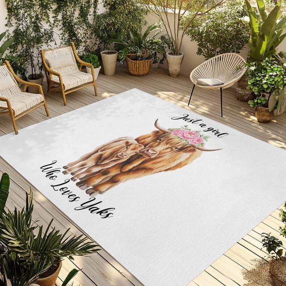 Yaks Outdoor Rug for Patio/Deck/Porch, Non-Slip Large Area Rug 5 x 7 Ft, Farmhouse Country Animals Printed Flower Indoor Outdoor Rugs Washable Area Rugs, Reversible Camping Rug Carpet Runner