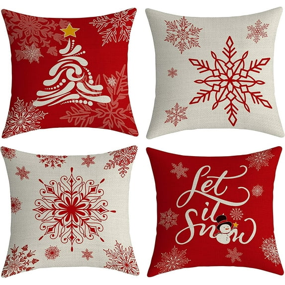Yakuyir Winter and Christmas Pillow Covers Set of 4 18x18 red Snowflake Christmas Tree linens Cotton Decor Throw Pillows Accents Outdoor Farmhouse Patio Home Sofa Couch Holiday Cases Decorations
