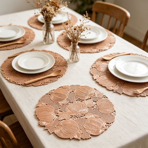 Yakvarog 15" Halloween Pumpkin Round Placemats, Hollow Out Fall Table Mats with Leaf Detail, Heat Resistant Non-Slip Washable Placemats for Dining Table, Thanksgiving Everyday Use
