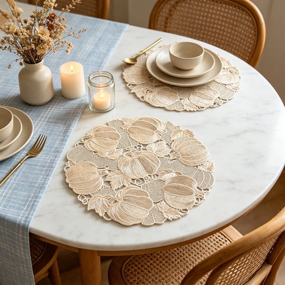 Yakvarog 15" Halloween Pumpkin Round Placemats, Hollow Out Fall Table Mats with Leaf Detail, Heat Resistant Non-Slip Washable Placemats for Dining Table, Thanksgiving Everyday Use