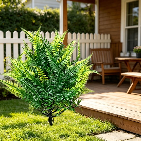 Yakvarog 17 Inch Spring Artificial Ferns for Outdoors with Ground Stake, Realistic Fake Ferns for Outdoor Planter, Large Fake Fern Artificial Plants Porch Patio Garden Decor