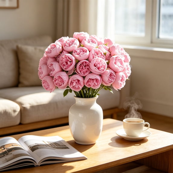 Yakvarog 27-Head Peony Artificial Flower Bouquet, 12" Plastic Faux Flower Arrangement, No Watering Needed, Fake Peonies for Vase Home Decor, Wedding Bridal Bouquet Party Centerpiece