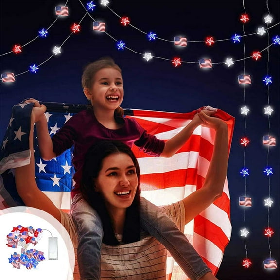 Yakvarog 4th of July Decorations Battery Operated String Lights Water-resistant 6.5 ft, Red White and Blue Star American Flag Lights for Home Patriotic Memorial Independence Day