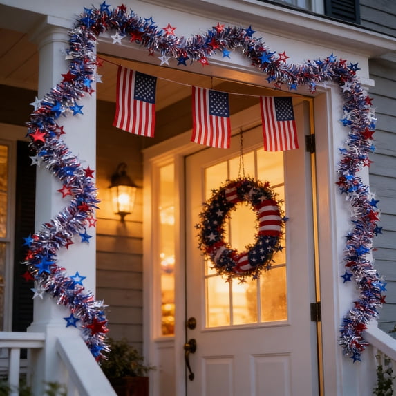 Yakvarog 4th of July Patriotic Garland, 6.6Ft Red White Blue Star Sequin Tinsel Hanging Garland for Memorial Day Wall Home Party Indoor Outdoor 4th of July Decorations