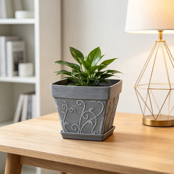 Yakvarog 8" Square Plastic Flower Pots with Tray, Vintage Embossed Vine Planter, Lightweight Durable Ceramic-Look Pot for Indoor Outdoor Plants, Succulents, Herbs, Home Garden Decor