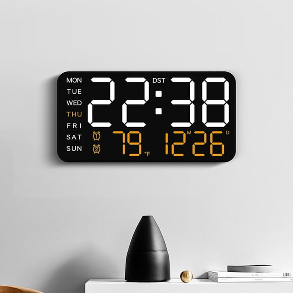 Yakvarog 9.5" Large Digital Alarm Clock with Electronic LED Time, Alarm Settings, 12/24h, Temperature, Date, Auto DST, Adjustable Brightness, Table Hanging Dual Use for Bedroom, Bedside