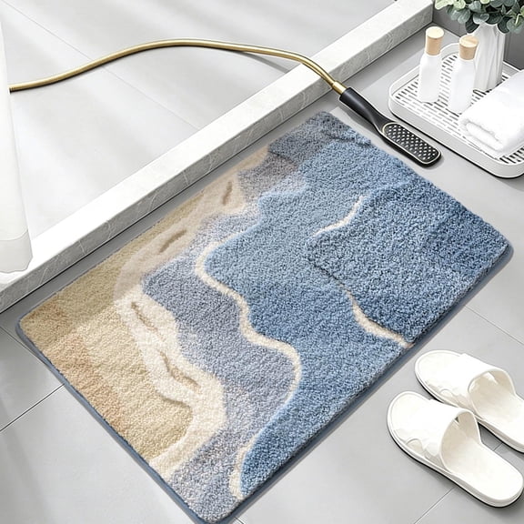 Yakvarog Blue Coastal Bathroom Rugs 16" x 24", Soft Absorbent Bath Mat with Sea Wave & Starfish Print, Non-Slip Door Mat Machine Washable Floor Rug for Shower Tub Vanity Entryway