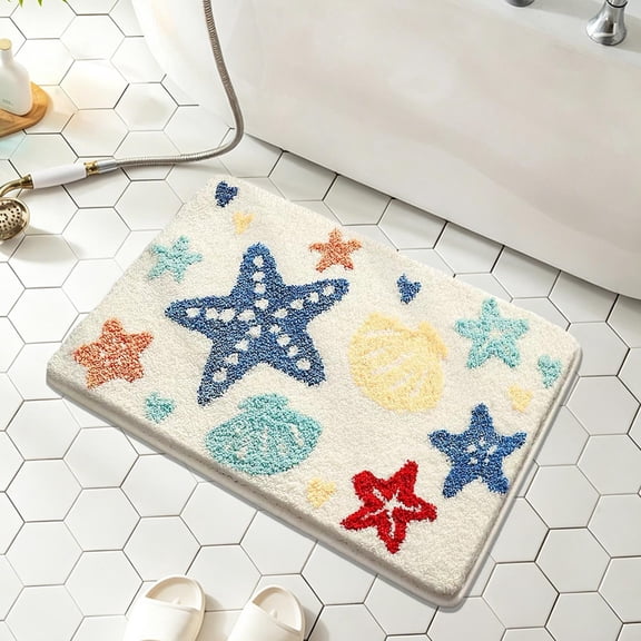 Yakvarog Coastal Bath Mat 16" x 24", Sea Theme Non-Slip Absorbent Floor Rug with Starfish Seashell Print, Machine Washable Soft Door Mat for Shower Tub Vanity Indoor Entryway