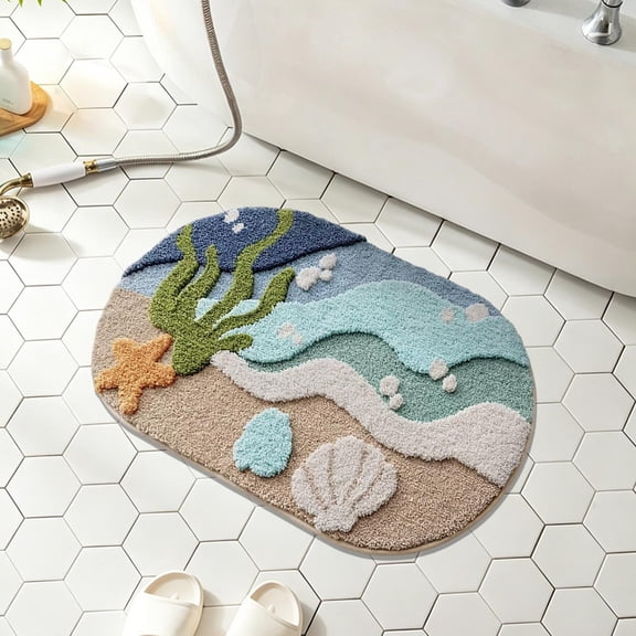 Yakvarog Coastal Bath Mat 16" x 24", Sea Theme Non-Slip Absorbent Floor Rug with Starfish Seashell Print, Machine Washable Soft Door Mat for Shower Tub Vanity Indoor Entryway