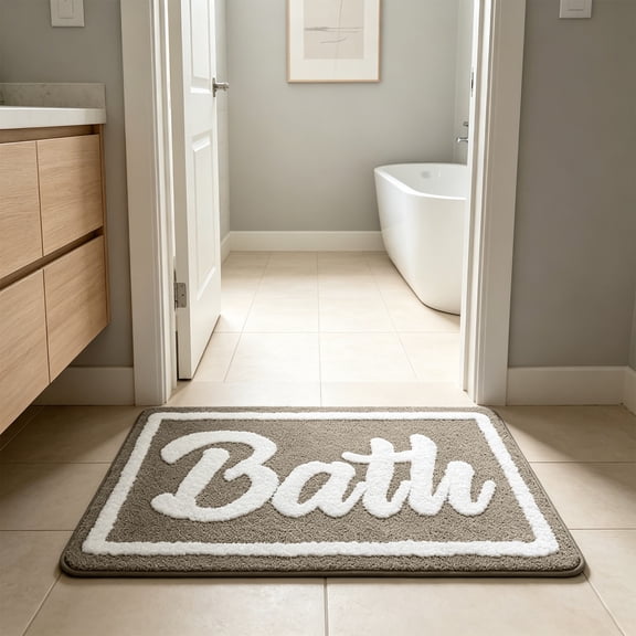 Yakvarog Flocked Bath Mat 16" x 24", Blue “BATH” Letter Print Soft Thick Non Slip Bathroom Rugs, Absorbent Quick Dry Plush Floor Mat for Shower Tub Vanity, Machine Washable