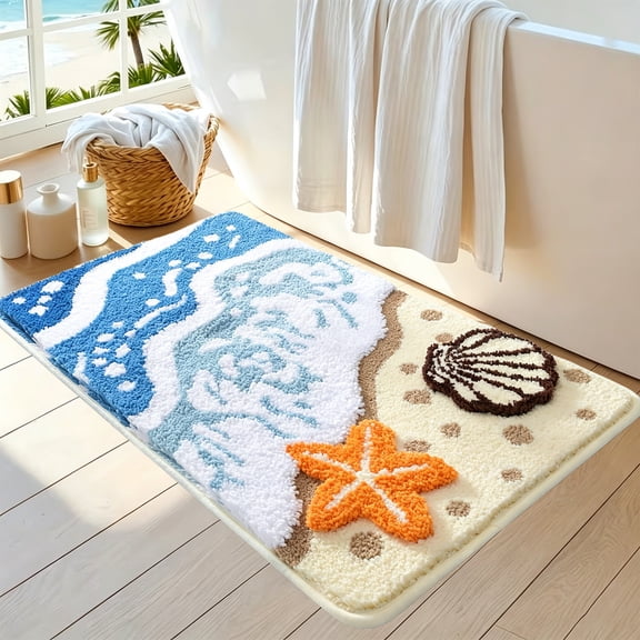 Yakvarog Flocked Bathroom Rug, 24" x 16" Coastal Blue Nautical Bath Mat, Non Slip Absorbent Quick-Dry Soft Bath Mats for Bathroom Tub Shower Home Decor