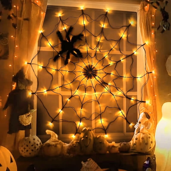 Yakvarog Halloween Spider Web String Lights, Battery Operated Indoor Spooky Decor with 2 Black Spiders, 47" Yellow LED Lights for Party Room Wall Window, Holiday Festive Lighting