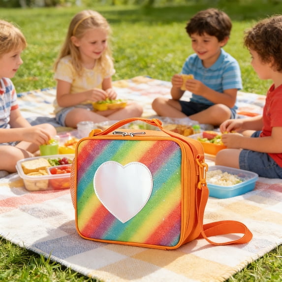 Yakvarog Handheld Lunch Box Colorful Glitter Heart Pattern Lunch Bag, American-style Crossbody Small Lunch Bag Reusable Portable Lunchbox for Work Picnic Travel