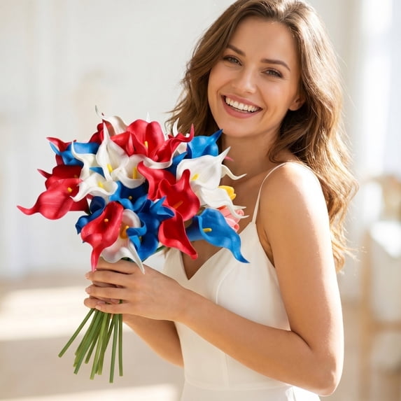 Yakvarog Patriotic Artificial Flowers, 13.4" Red White Blue Plastic Fake Bouquet for Party, Mantel, Independence Day Memorial Day Table Centerpiece 4th of July Decorations