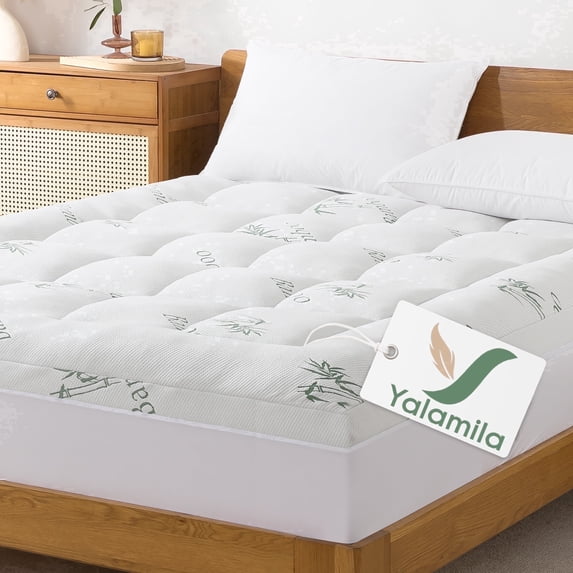 Yalamila 2 Inch Queen Mattress Topper, Ultra Soft Cooling Bamboo, Skirt Deep Pocket Fit (8"-22" Depth), Back Pain Relief Mattress Pad for Hot Sleepers