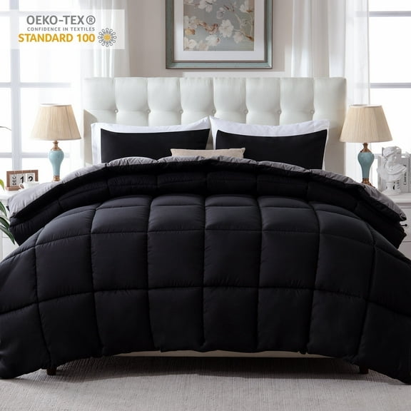 Yalamila Twin Size Comforter Set 2-Piece All-Season Down Alternative Reversible Comforter Set,Black/Grey,200GSM Cooling Quilted Duvet Insert,95 GSM Soft Cover Bed in a Bag