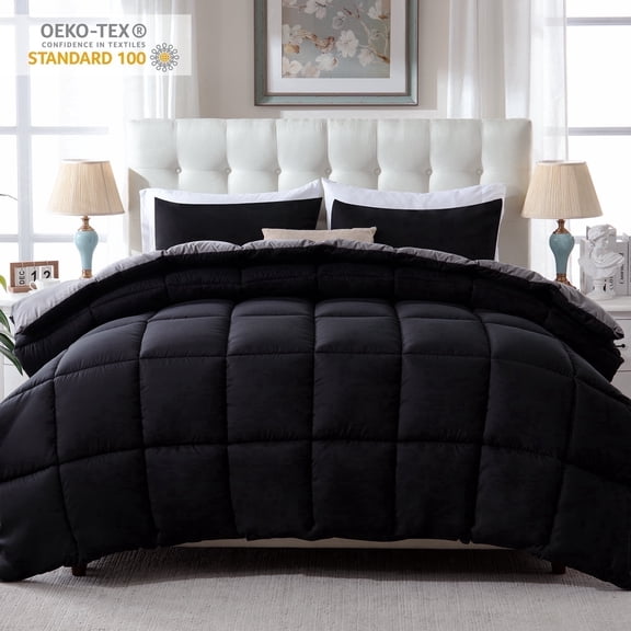 Yalamila Twin Comforter Set, 2-Piece Black/Grey Comforter Bedding Set, Reversible All Season Down Alternative with 1 Pillow Sham