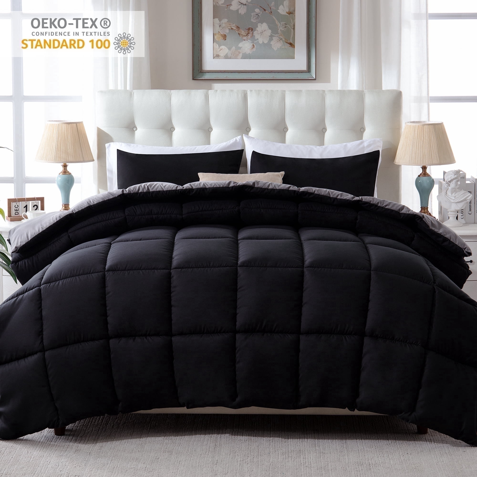 Yalamila Twin Size Comforter Set 2-Piece All-Season Down Alternative Reversible Comforter Set,Black/Grey,200GSM Cooling Quilted Duvet Insert,95 GSM Soft Cover Bed in a Bag