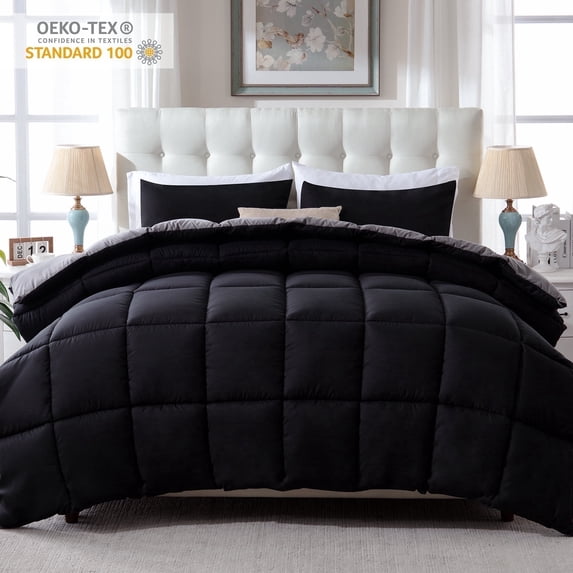 Yalamila Twin Size Comforter Set 2-Piece All-Season Down Alternative Reversible Comforter Set,Black/Grey,200GSM Cooling Quilted Duvet Insert,95 GSM Soft Cover Bed in a Bag