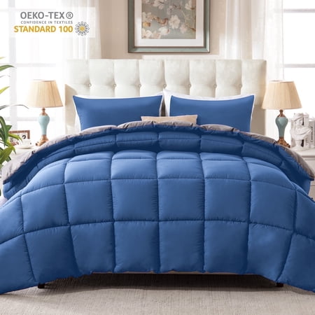 Yalamila Twin Comforter Set, 2-Piece Blue/Grey Comforter Bedding Set, Reversible All Season Down Alternative with 1 Pillow Sham
