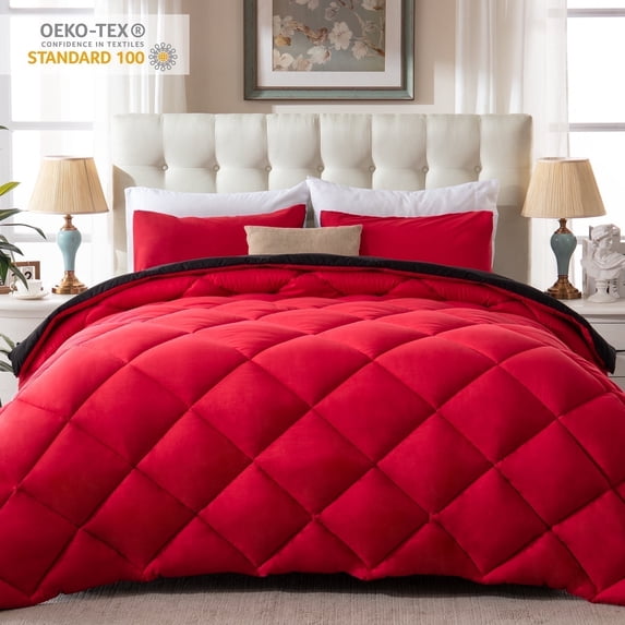 Yalamila Twin Size Comforter Set 2-Piece All-Season Down Alternative Reversible Comforter Set,Red/Black,200GSM Cooling Quilted Duvet Insert,95 GSM Soft Cover Bed in a Bag