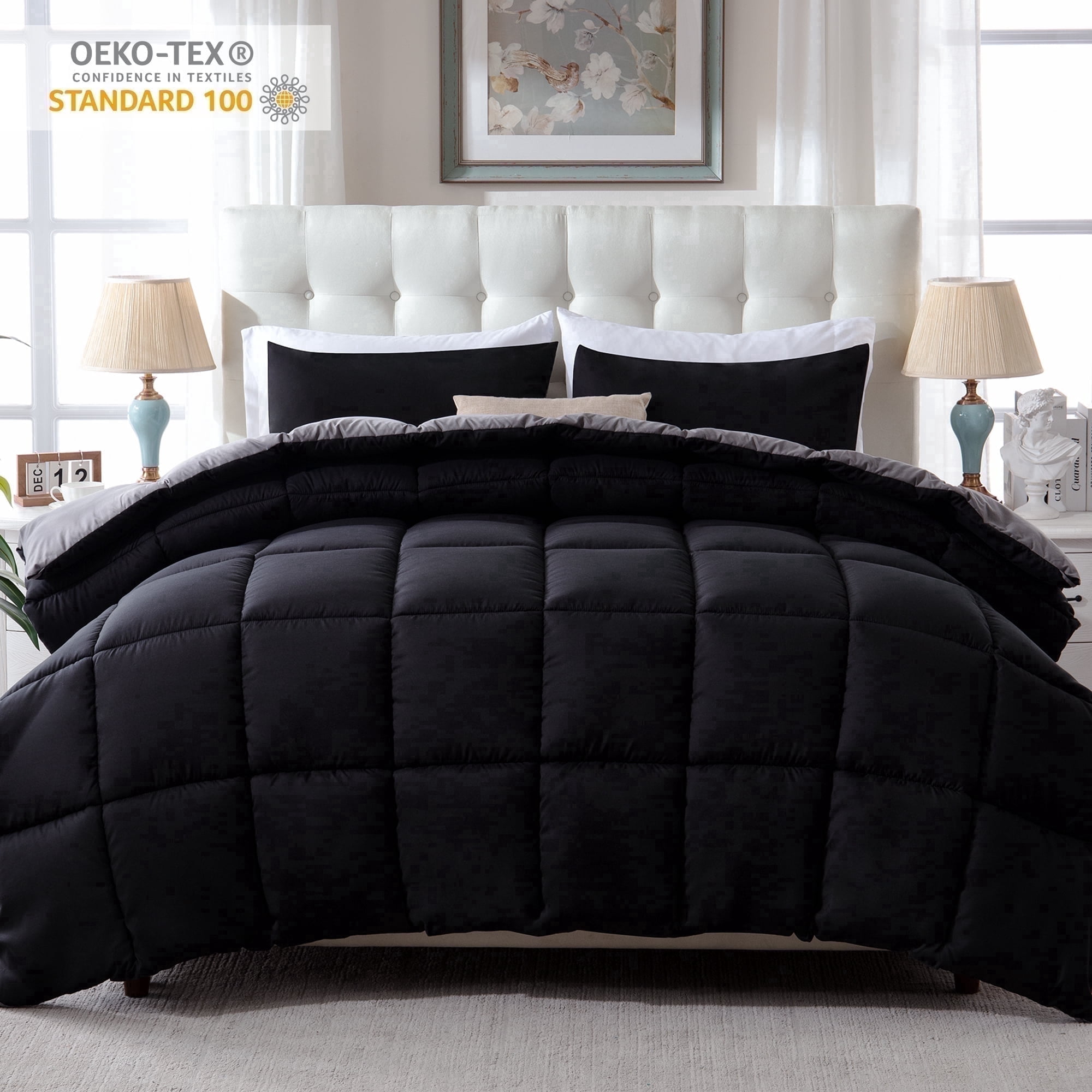 Yalamila Queen Size Comforter Set 3-Piece All-Season Down Alternative Reversible Comforter Set,Black/Grey,200GSM Cooling Quilted Duvet Insert,95 GSM Soft Cover Bed in a Bag