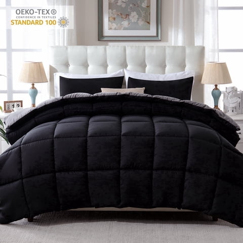 Yalamila Queen Comforter Set, 3-Piece Black/Grey Comforter Bedding Set, Reversible All Season Down Alternative with 2 Pillow Shams