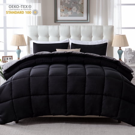 Yalamila Queen Size Comforter Set 3-Piece All-Season Down Alternative Reversible Comforter Set,Black/Grey,200GSM Cooling Quilted Duvet Insert,95 GSM Soft Cover Bed in a Bag