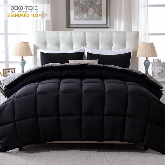 Yalamila Queen Size Comforter Set 3-Piece All-Season Down Alternative Reversible Comforter Set,Black/Grey,200GSM Cooling Quilted Duvet Insert,95 GSM Soft Cover Bed in a Bag