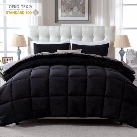 Yalamila Full Comforter Set, 3-Piece Black/Grey Comforter Bedding Set, Reversible All Season Down Alternative with 2 Pillow Shams