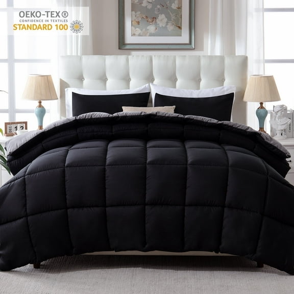 Yalamila King Size Comforter Set 3-Piece All-Season Down Alternative Reversible Comforter Set,Black/Grey,200GSM Cooling Quilted Duvet Insert,95 GSM Soft Cover Bed in a Bag