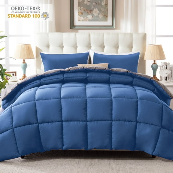 Yalamila King Size Comforter Set 3-Piece All-Season Down Alternative Reversible Comforter Set,Blue/Grey,200GSM Cooling Quilted Duvet Insert,95 GSM Soft Cover Bed in a Bag