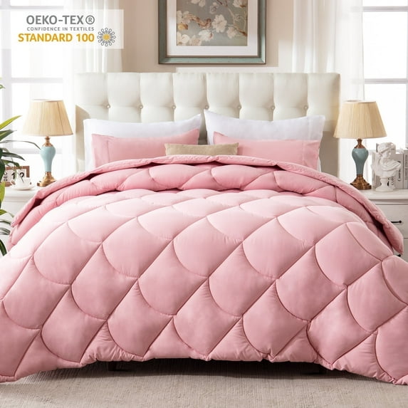 Yalamila Queen Size Comforter Set 3-Piece All-Season Down Alternative Reversible Comforter Set,Pink,200GSM Cooling Quilted Duvet Insert,95 GSM Soft Cover Bed in a Bag