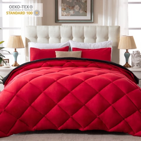 Yalamila Queen Comforter Set, 3-Piece Black/Red Comforter Bedding Set, Reversible All Season Down Alternative with 2 Pillow Shams