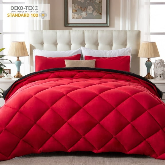 Yalamila Queen Size Comforter Set 3-Piece All-Season Down Alternative Reversible Comforter Set,Red/Black,200GSM Cooling Quilted Duvet Insert,95 GSM Soft Cover Bed in a Bag