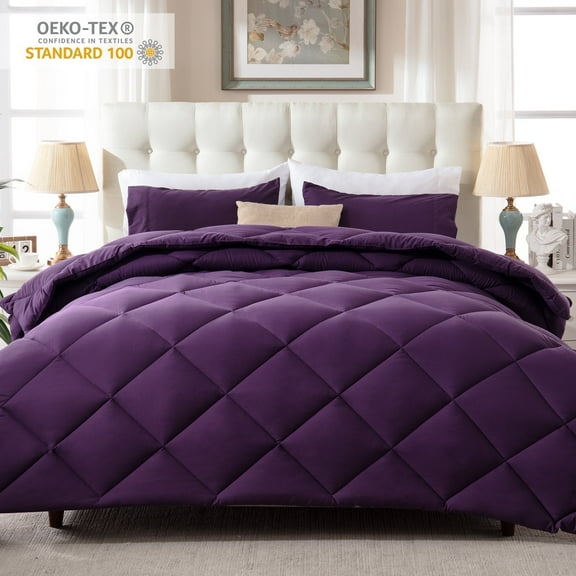 Yalamila King Size Comforter Set 3-Piece All-Season Down Alternative Reversible Comforter Set,Purple,200GSM Cooling Quilted Duvet Insert, 95 GSM Soft Cover Bed in a Bag