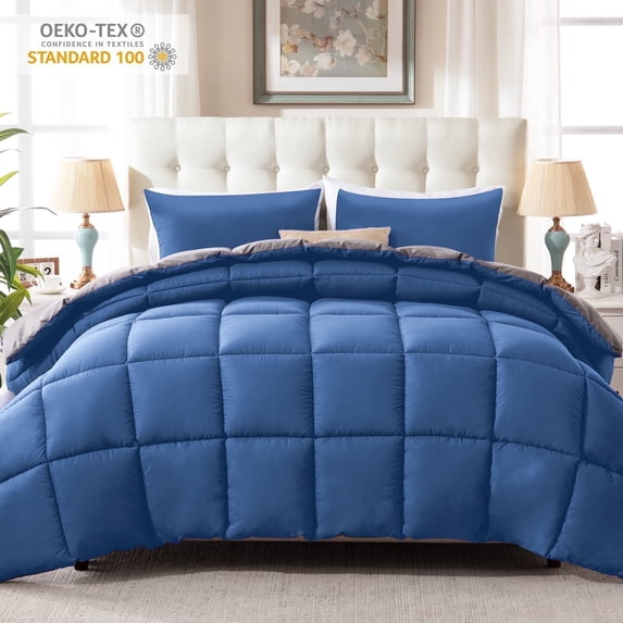 Yalamila Queen Size Comforter Set 3-Piece All-Season Down Alternative Reversible Comforter Set,Blue/Grey,200GSM Cooling Quilted Duvet Insert,95 GSM Soft Cover Bed in a Bag