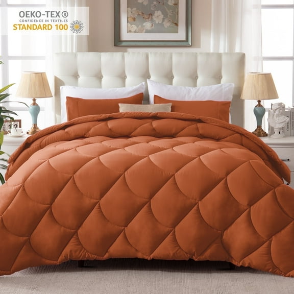 Yalamila King Size Comforter Set 3-Piece All-Season Down Alternative Reversible Comforter Set,Burnt Orange,200GSM Cooling Quilted Duvet Insert,95 GSM Soft Cover Bed in a Bag