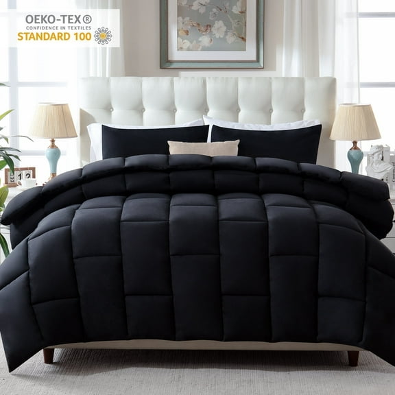 Yalamila King Size Comforter Set 3-Piece All-Season Down Alternative Reversible Comforter Set Dark Black,200GSM Cooling Quilted Duvet Insert,95 GSM Soft Cover Bed in a Bag