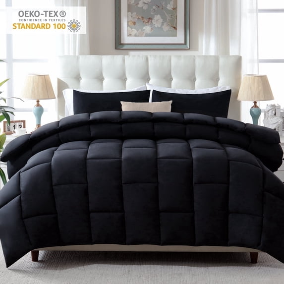 Yalamila King Size Comforter Set 3-Piece All-Season Down Alternative Reversible Comforter Set Dark Black,200GSM Cooling Quilted Duvet Insert,95 GSM Soft Cover Bed in a Bag
