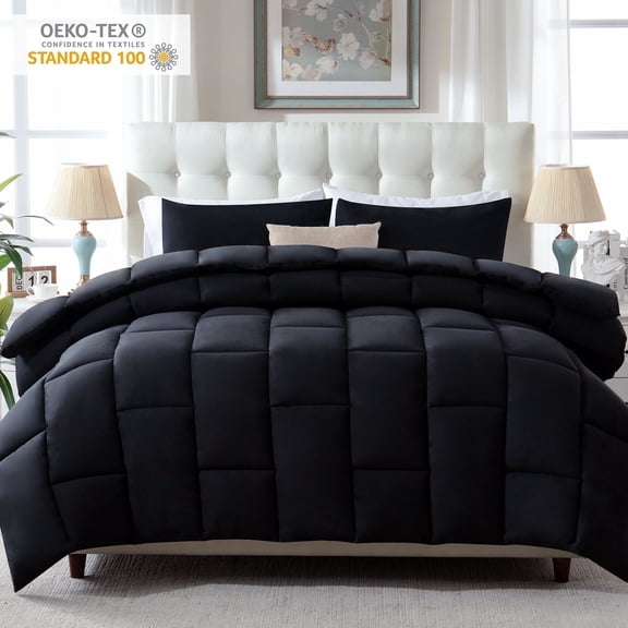 Yalamila Queen Size Comforter Set 3-Piece All-Season Down Alternative Reversible Comforter Set,Dark Black,200GSM Cooling Quilted Duvet Insert,95 GSM Soft Cover Bed in a Bag