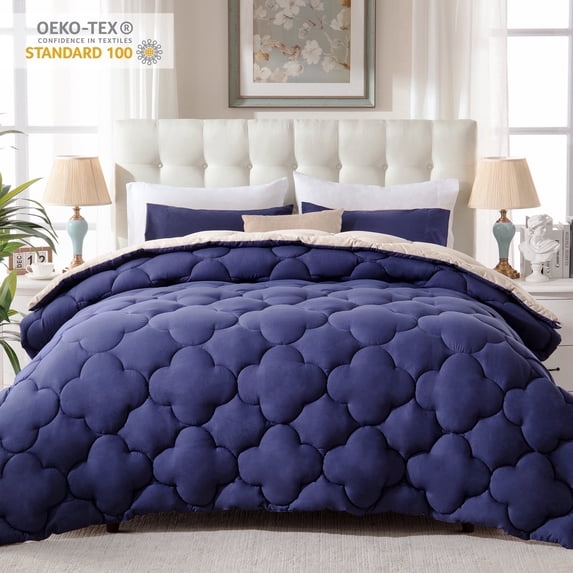 Yalamila Full Size Comforter Set 3-Piece All-Season Down Alternative Reversible Comforter Set,Dark Blue/Beige,200GSM Cooling Quilted Duvet Insert,95 GSM Soft Cover Bed in a Bag